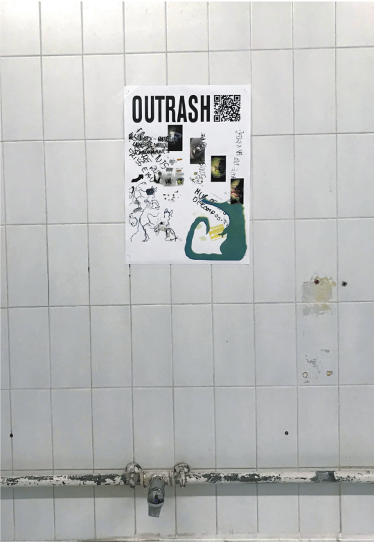 Outrash, affiche installée sur un mur carrelé